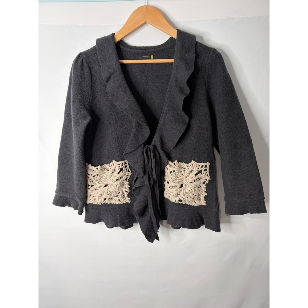 Leifsdottir Anthropologie Boiled Wool Cardigan Med Ruffle Lace Y2K Twee Coquette